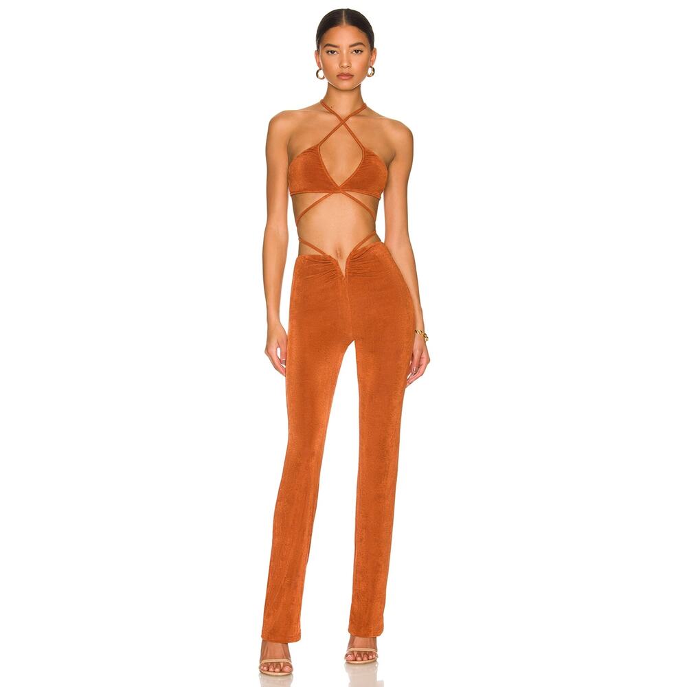 Superdown Irene Strappy Pant Set Brown Slinky Jersey 2pc Ruched Sheen Sz XL‎